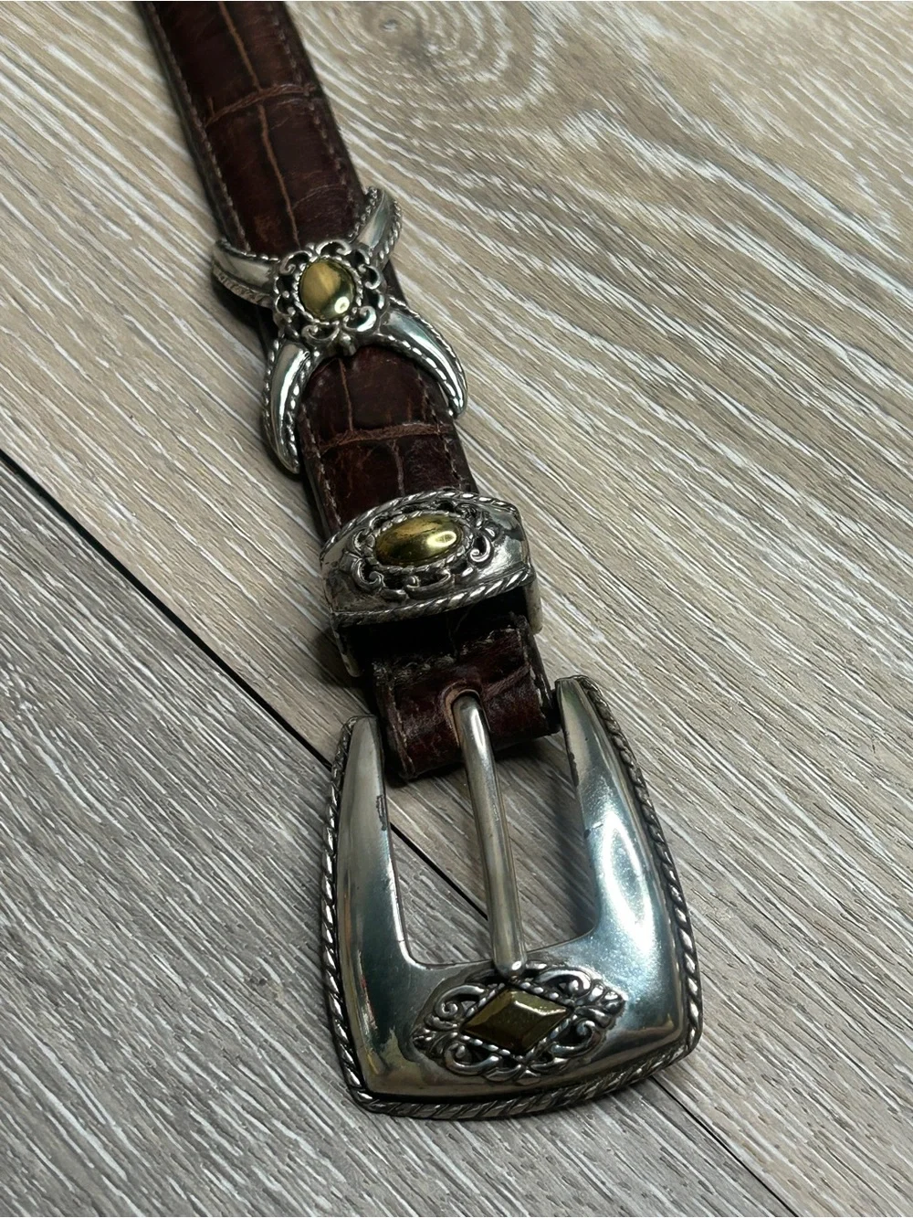 Brighton Brown Croc Embossed Leather Belt Silver Gold Two Tone Western Size 30